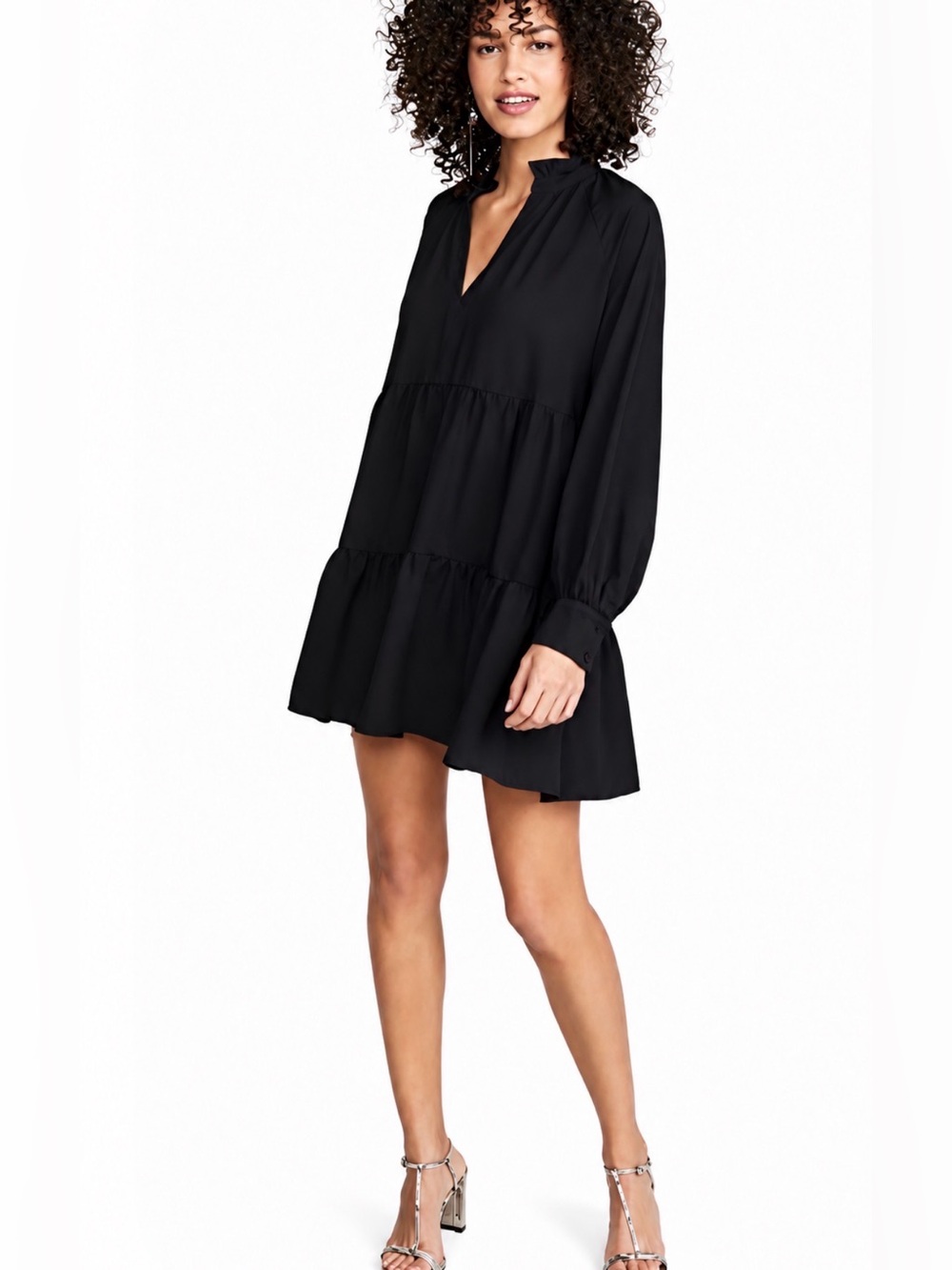 Amanda Uprichard Saffron Mini Dress S Black Tiered Ruffle Long Sleeve LBD USA
